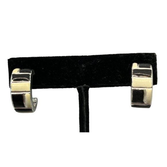 Block Pattern Silver Tone Small Hoop Earrings Beige Black - Picture 2 of 7